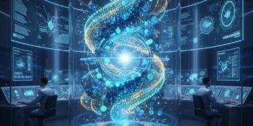 Representação futurista de um computador quântico com qubits interconectados e brilhantes, simbolizando processamento de dados avançado.