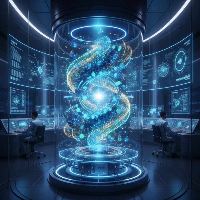 Representação futurista de um computador quântico com qubits interconectados e brilhantes, simbolizando processamento de dados avançado.