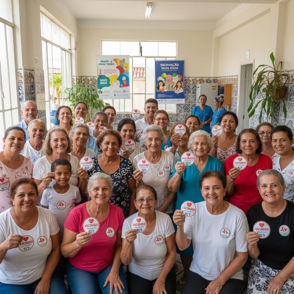 Grupo diversificado de pessoas, incluindo crianças e idosos, mostrando adesivos 'Vacinado' em centro de saúde comunitário no Brasil.