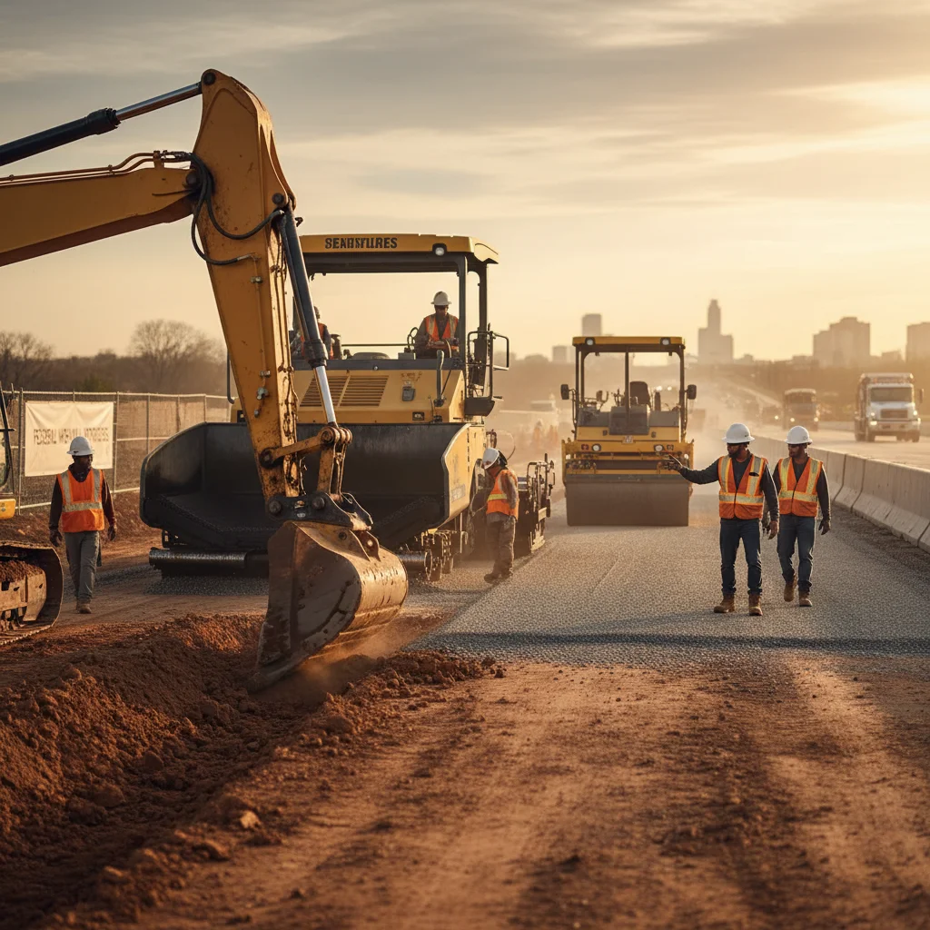 Trabalhadores e máquinas pesadas em um canteiro de obras de rodovia, representando o esforço na construção de novas infraestruturas.