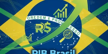 Gráfico de crescimento econômico com símbolos monetários e a bandeira do Brasil, ilustrando a projeção do PIB.