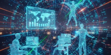 Representação digital do crescimento do mercado de trabalho em tecnologia, com gráficos e pessoas interagindo com dados.