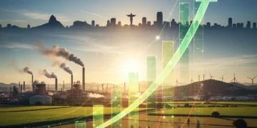 Gráfico de crescimento econômico sobreposto a paisagens brasileiras, simbolizando o PIB nacional.