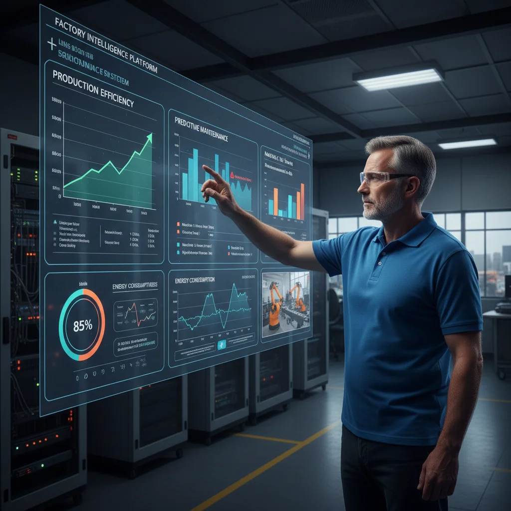 Painel de controle com métricas de produção, consumo de energia e manutenção preditiva em uma fábrica inteligente.