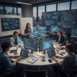 Tendências de Desenvolvimento de Software: O Futuro da Tecnologia Desenvolvedores de software colaborando em um projeto complexo, com telas mostrando código e diagramas de arquitetura, simbolizando o desenvolvimento moderno e a integração de IA.