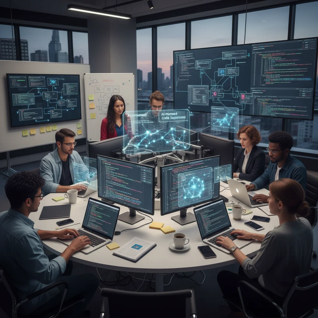 Desenvolvedores de software colaborando em um projeto complexo, com telas mostrando código e diagramas de arquitetura, simbolizando o desenvolvimento moderno e a integração de IA.