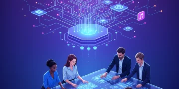 Equipe colaborando em desenvolvimento de aplicativos com plataformas low-code/no-code, agilizando o lançamento.