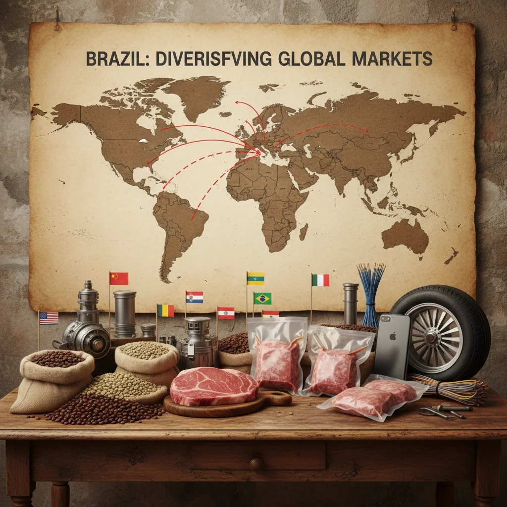 Diversos produtos agrícolas e industriais brasileiros em um mapa-múndi, simbolizando a diversificação de mercados.