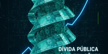 Montanha de dinheiro e gráficos financeiros representando a dívida pública brasileira de R$ 7,5 trilhões.