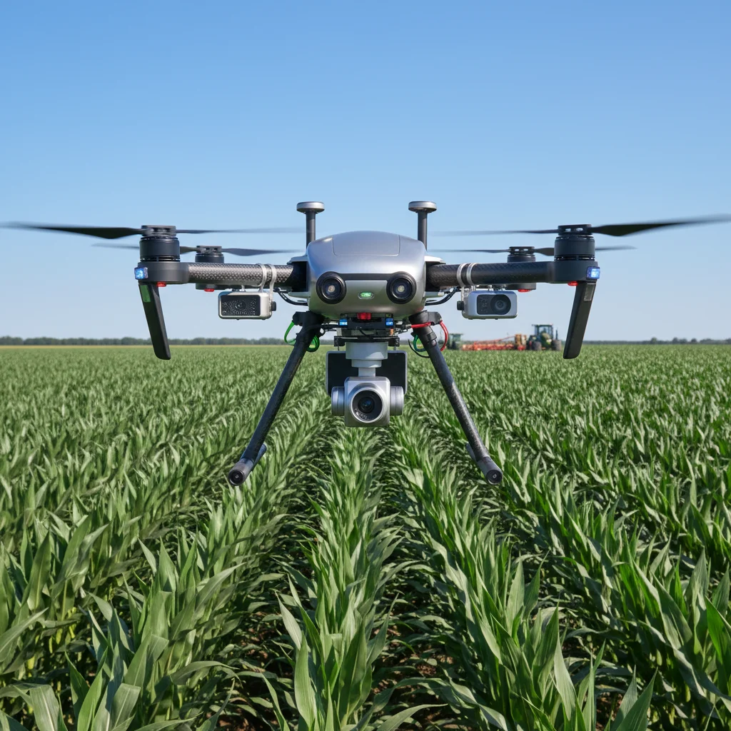 Drone agrícola com sensores coletando dados em plantação de milho