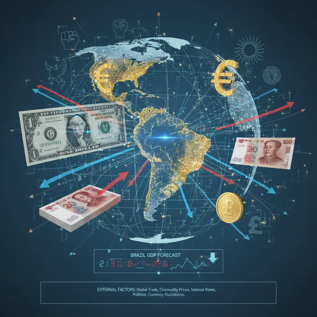 Mapa-múndi com indicadores econômicos globais, representando a influência externa no PIB brasileiro.