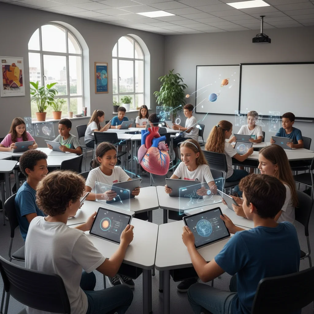 Estudantes brasileiros em sala de aula moderna usando tablets 5G para aprendizado imersivo com realidade aumentada.