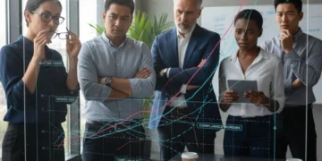 Empreendedores analisando gráficos financeiros, representando o impacto da reforma tributária em pequenas e médias empresas.