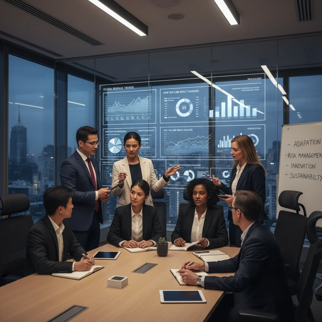 Profissionais de negócios discutindo gráficos financeiros, representando estratégias empresariais frente à reforma tributária.