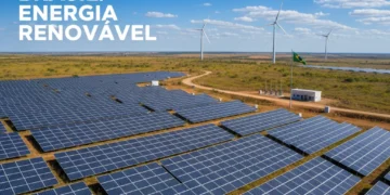 Painéis solares e turbinas eólicas em um vasto campo, representando o investimento em energia renovável no Brasil.