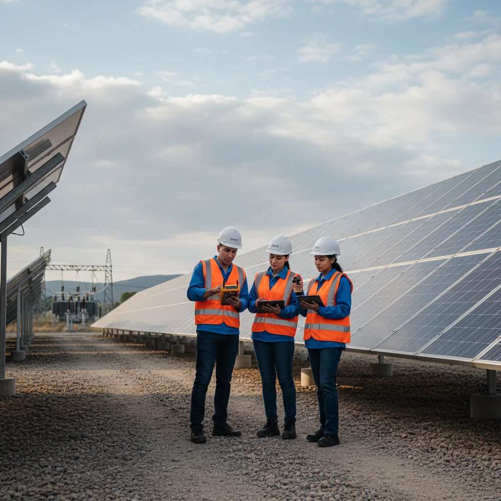 Engenheiros inspecionando painéis solares em uma usina fotovoltaica no Brasil.