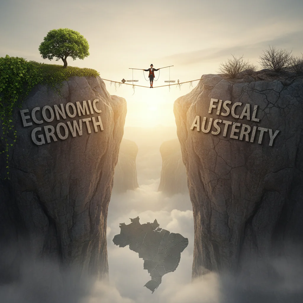 Metáfora visual de um equilibrista em uma corda bamba, simbolizando o desafio de equilibrar crescimento econômico e austeridade fiscal no Brasil.