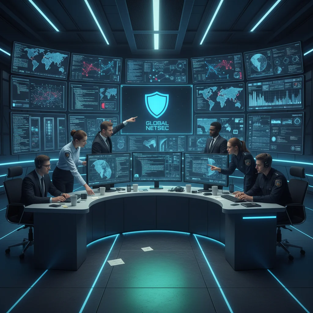 Equipe de especialistas em segurança digital e policiais colaborando em uma sala de controle, analisando dados complexos de cibercrimes.