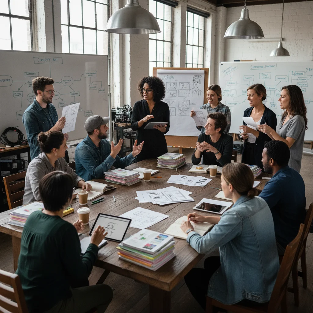 Profissionais do audiovisual em reunião criativa, discutindo roteiros e ideias para novas produções.