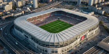 Estádio europeu moderno e cheio durante um jogo, simbolizando a excelência organizacional.