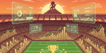 Estádio de futebol brasileiro ao pôr do sol com elementos gráficos de otimização financeira, representando o sucesso na gestão orçamentária de clubes.