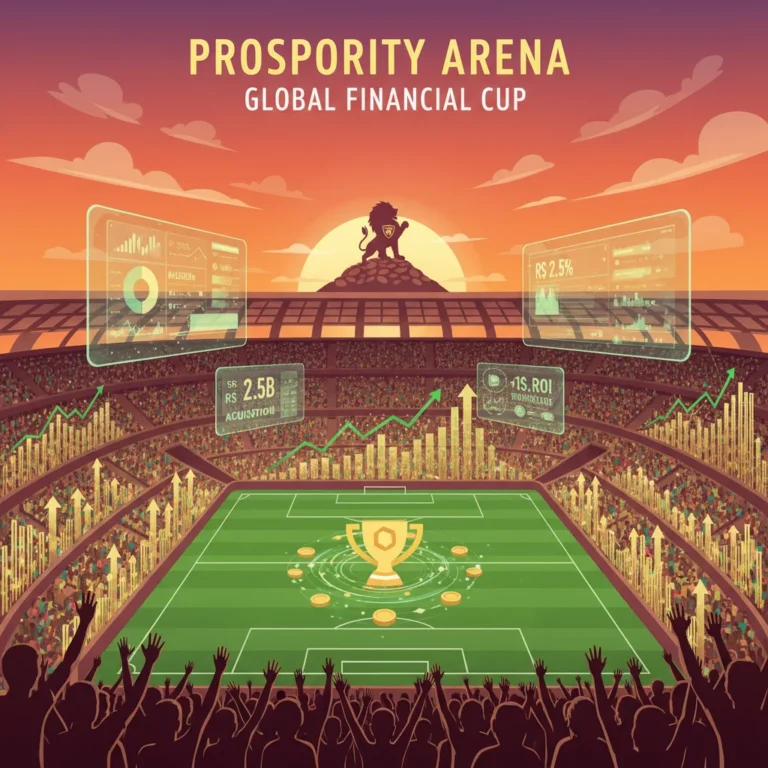 Estádio de futebol brasileiro ao pôr do sol com elementos gráficos de otimização financeira, representando o sucesso na gestão orçamentária de clubes.