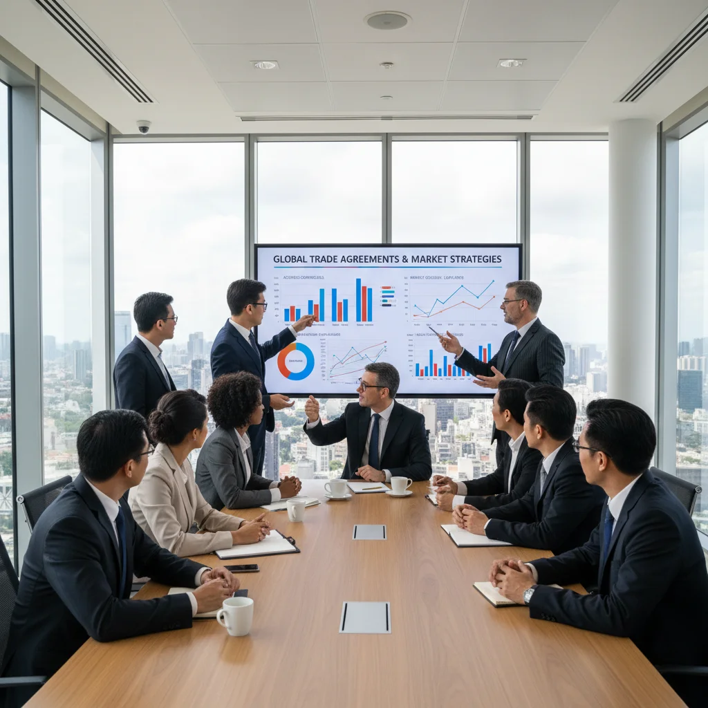 Profissionais de negócios em reunião estratégica, analisando acordos e mercados globais.