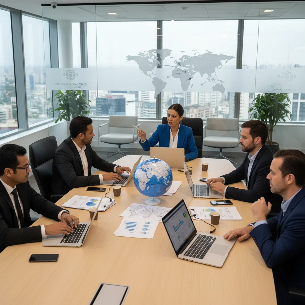Profissionais brasileiros discutindo estratégias de exportação e diversificação de mercados.
