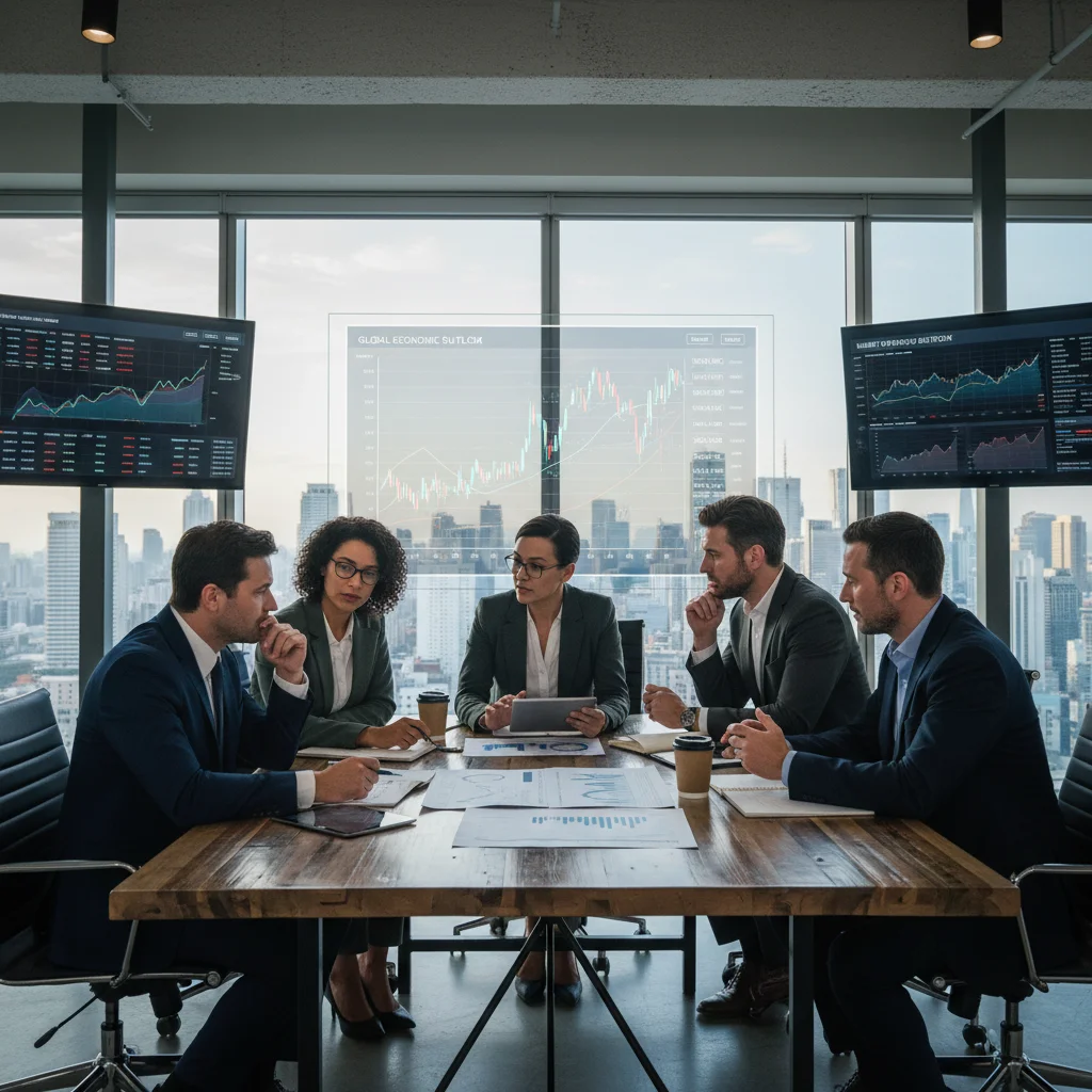 Profissionais de negócios discutindo estratégias financeiras em um escritório moderno.