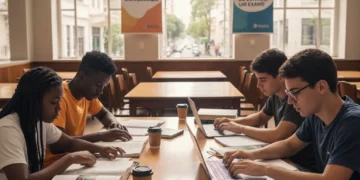Estudantes brasileiros diversos focados em seus estudos, preparando-se para o ENEM.