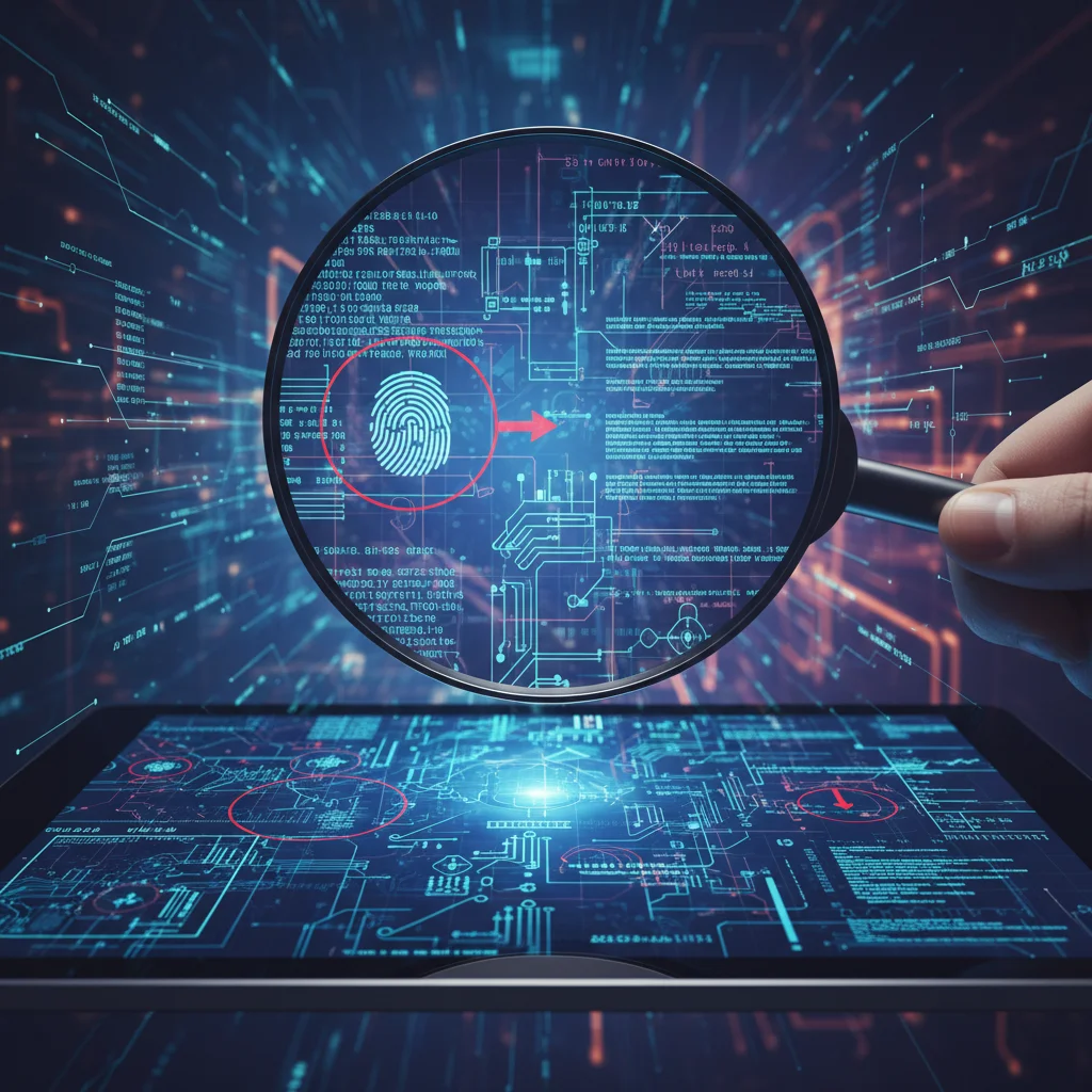 Lupa ampliando evidências digitais em um tablet, simbolizando a análise forense para elucidação de crimes.