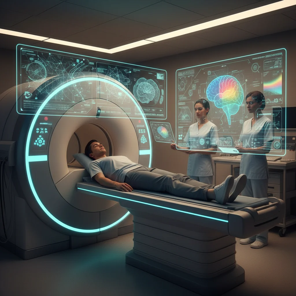 Paciente em exame médico com processamento de dados por IA em tempo real