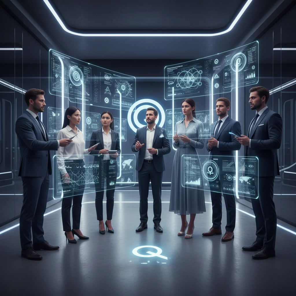 Executivos analisando projeções de dados complexos, aplicando computação quântica.