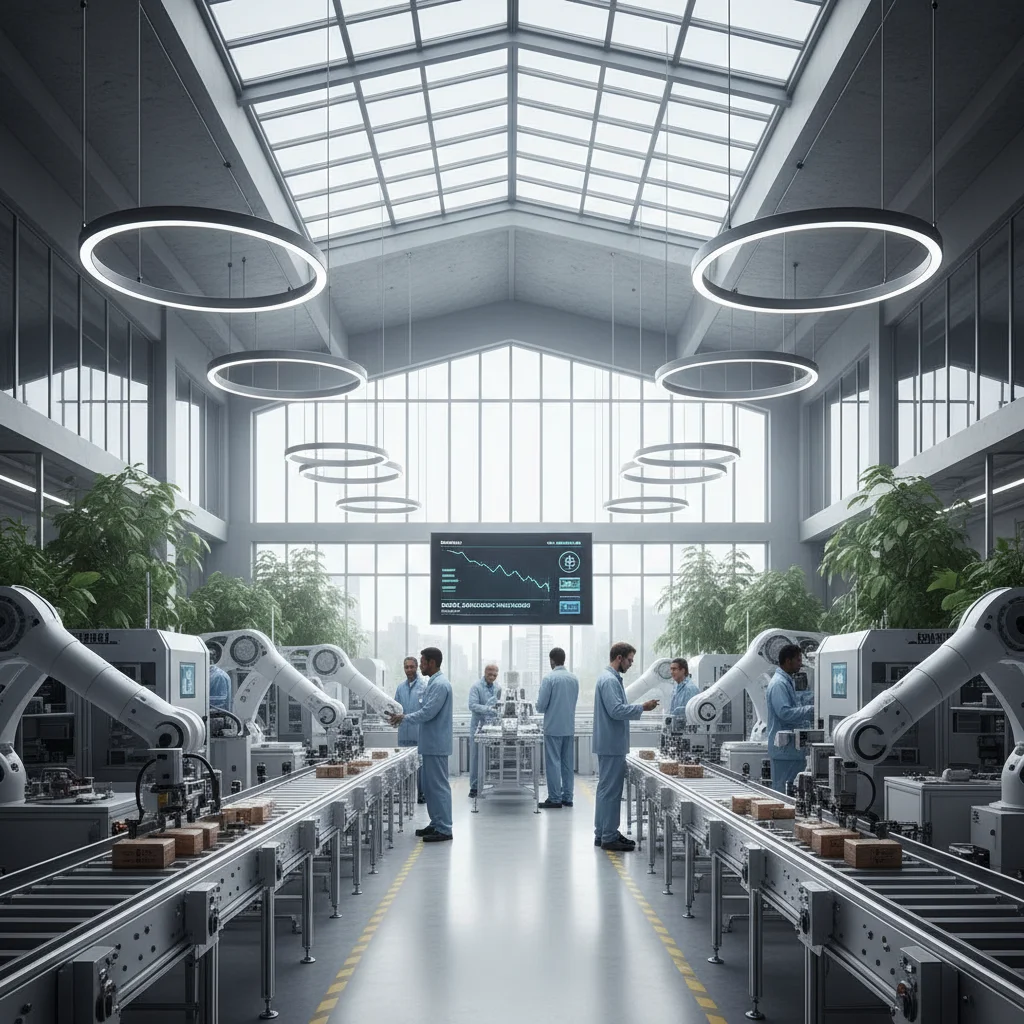 Linha de produção industrial com máquinas modernas e iluminação eficiente, representando a busca por otimização energética.
