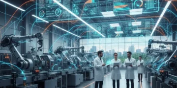 Fábrica brasileira moderna com máquinas conectadas por IoT e engenheiros monitorando dados em tempo real.