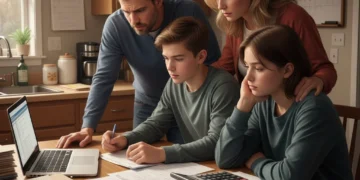 Família analisando documentos e contas em uma mesa, discutindo o impacto da reforma tributária no orçamento.