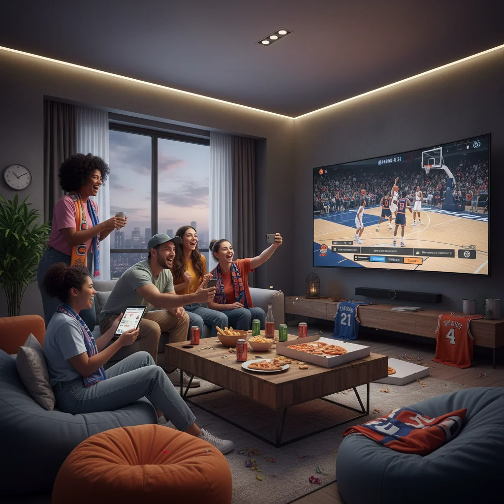 Fãs assistindo a eventos esportivos em grupo, com interação digital