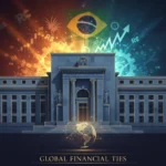 Federal Reserve e Taxa de Juros: Impactos na Economia Brasileira Edifício do Federal Reserve com elementos da economia brasileira, simbolizando a interconexão das políticas monetárias.