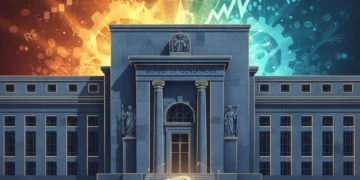 Edifício do Federal Reserve com elementos da economia brasileira, simbolizando a interconexão das políticas monetárias.