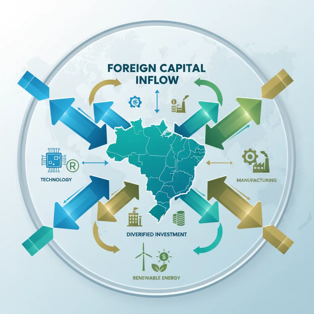 Infográfico com flechas indicando o fluxo de capital estrangeiro para diversas indústrias no Brasil.
