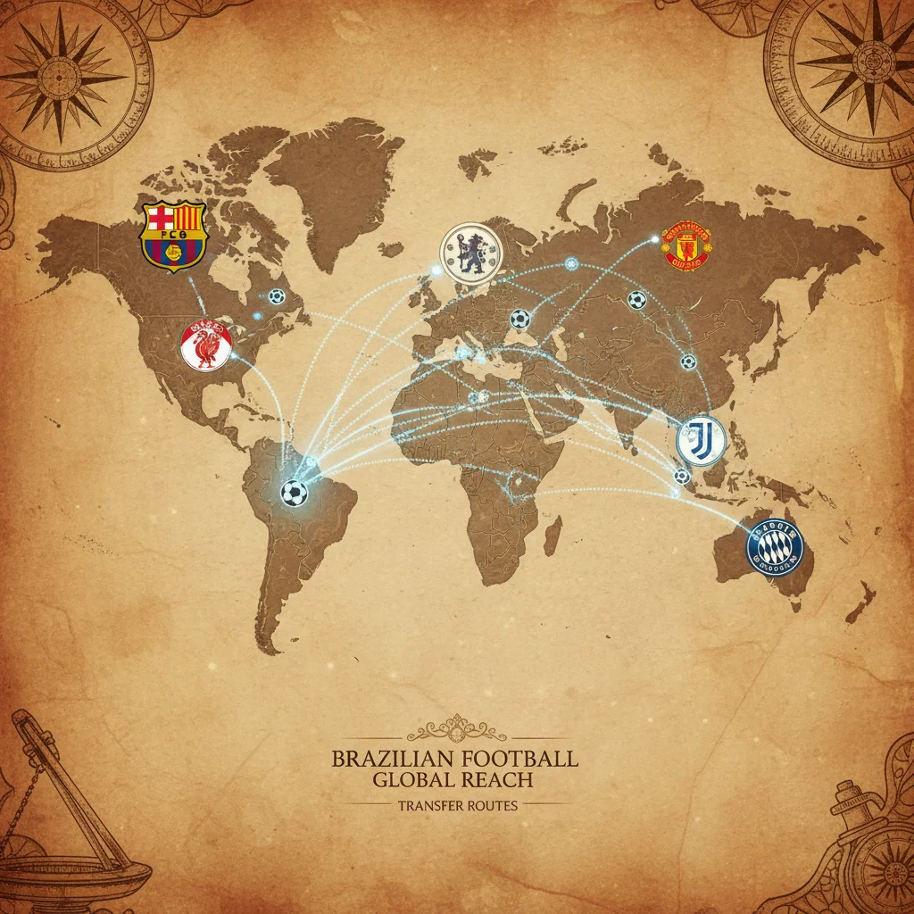 Mapa mundial com rotas de transferência de jogadores brasileiros para clubes europeus, ilustrando o fluxo do mercado.