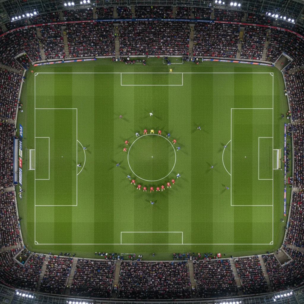 Time de futebol em campo, com jogadores posicionados na formação tática 3-5-2, durante um lance de defesa.