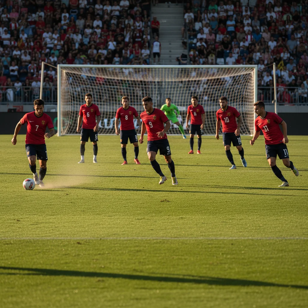 Equipe de futebol atacando, com jogadores distribuídos na formação tática 4-3-3, buscando o gol adversário.