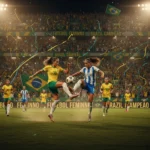 Jogadoras de futebol feminino em ação durante uma partida emocionante no Brasil, com torcida vibrante ao fundo.