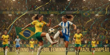 Jogadoras de futebol feminino em ação durante uma partida emocionante no Brasil, com torcida vibrante ao fundo.