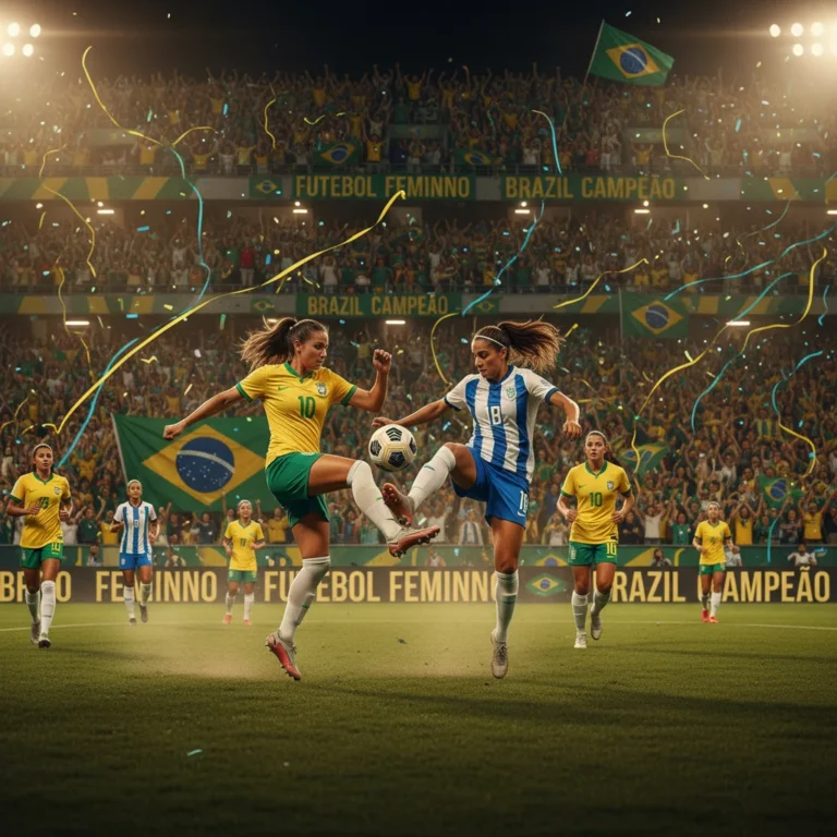 Jogadoras de futebol feminino em ação durante uma partida emocionante no Brasil, com torcida vibrante ao fundo.