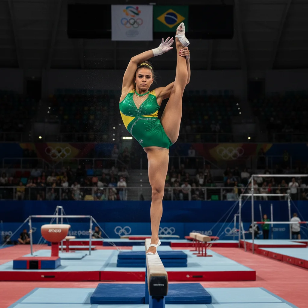 Ginasta olímpica brasileira executando rotina na trave de equilíbrio.