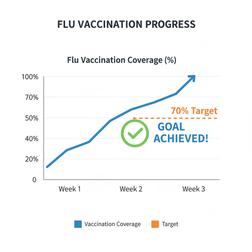 Gráfico mostrando o aumento da cobertura da vacinação contra a gripe, atingindo 70% da meta em três semanas.