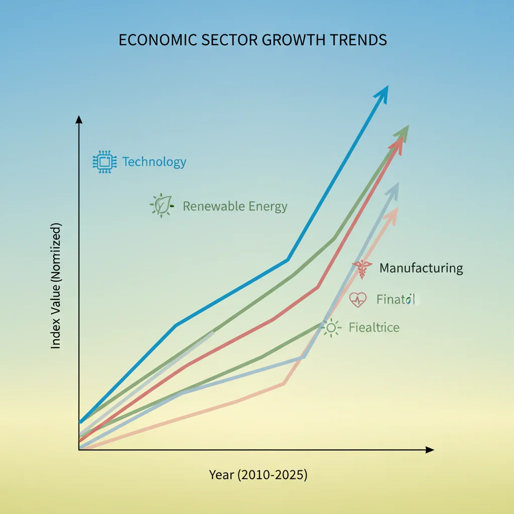 Gráfico com tendências de crescimento em setores econômicos como tecnologia e saúde, mostrando expansão.