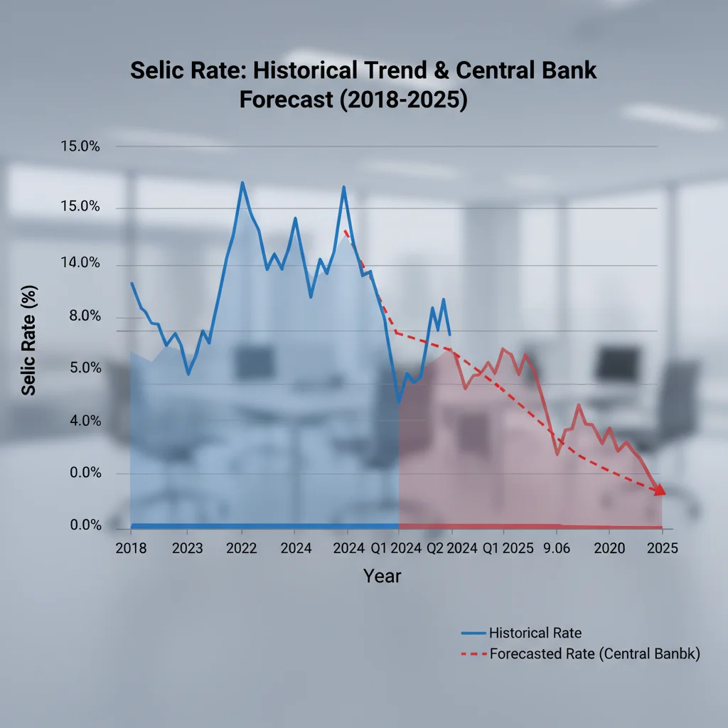 Gráfico histórico e projeções futuras da Taxa Selic no Brasil.